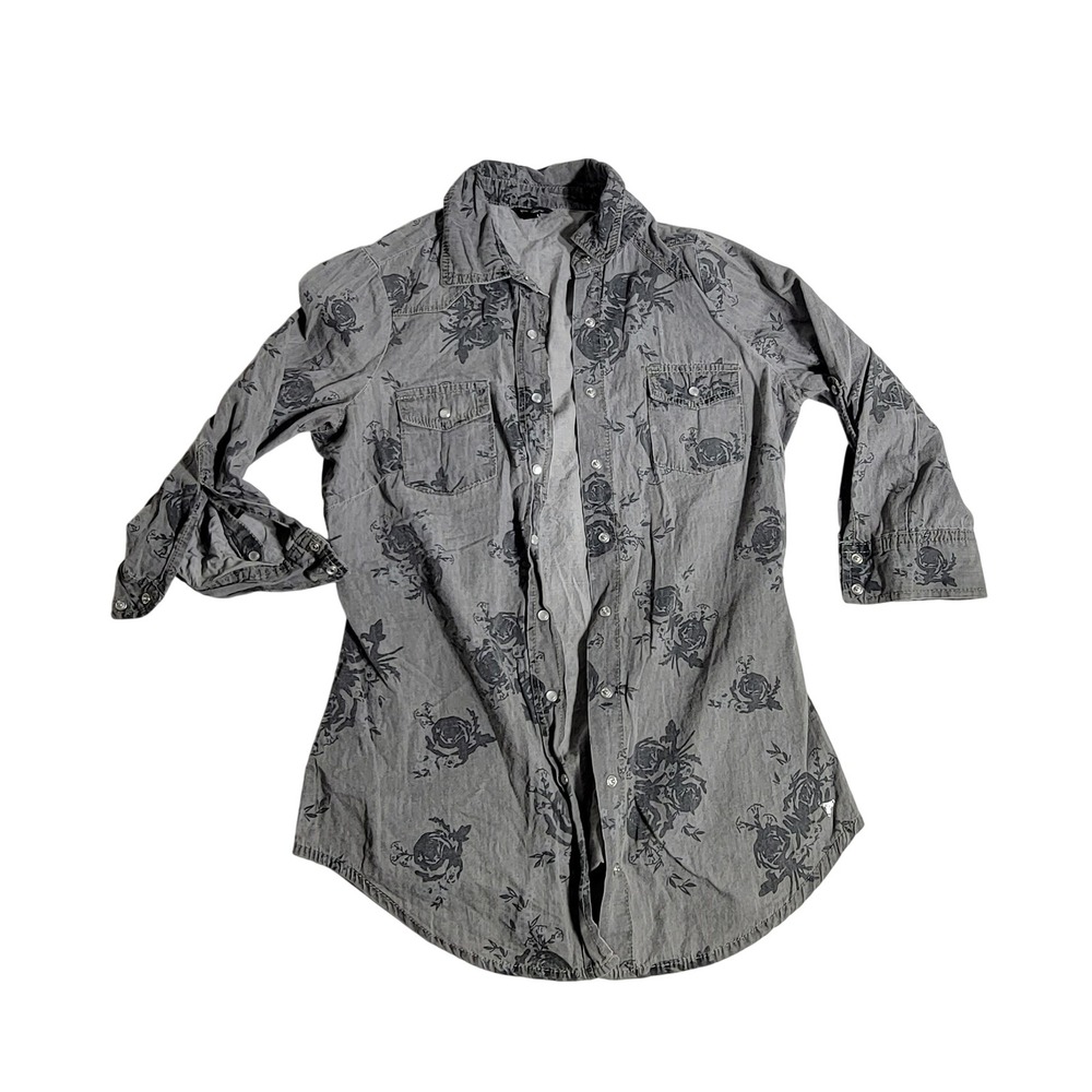 Guess Gray Floral Rose Print Snap Button Down Shirt Roll Tab Sleeve Small
